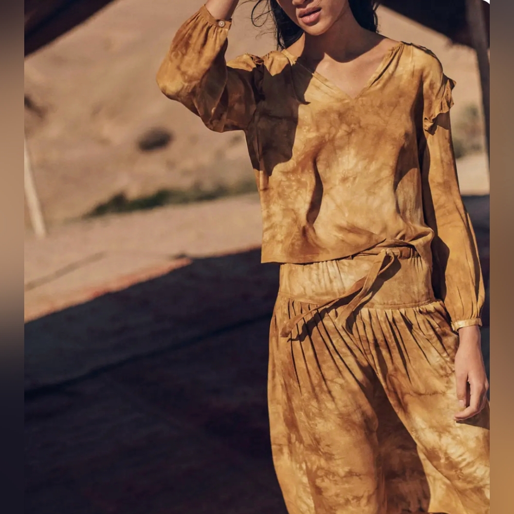 Madewell Golden Brown Tie Dye Tie Front Paperbag Crinkle Gauzy Midi Skir…
